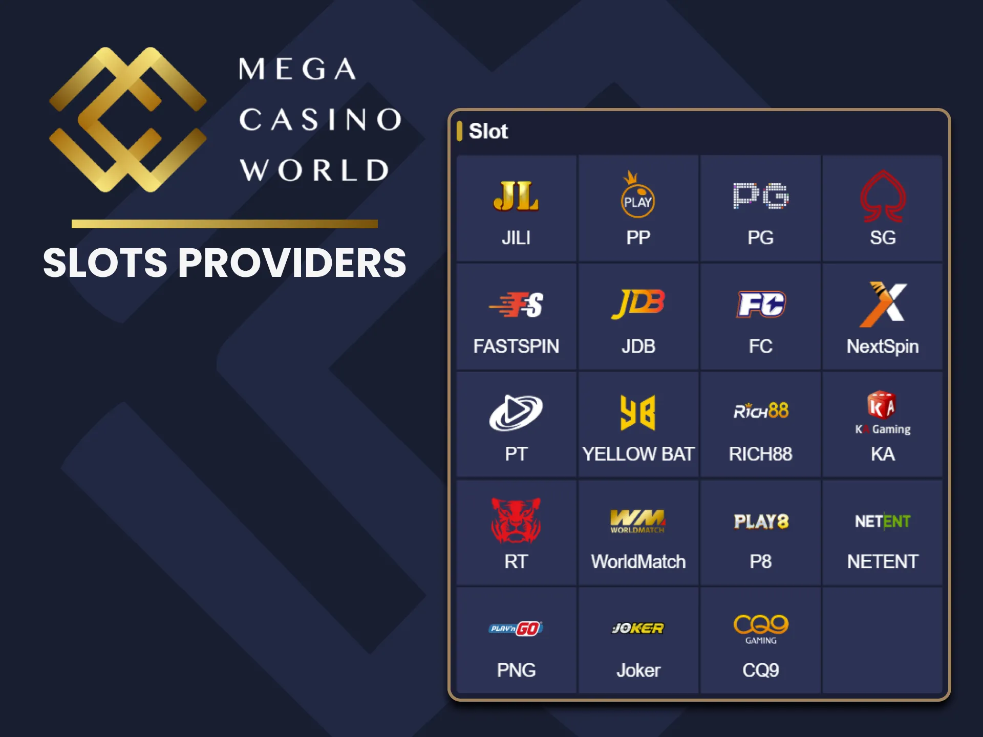 The wide variety of slot providers at Mega Casino World.